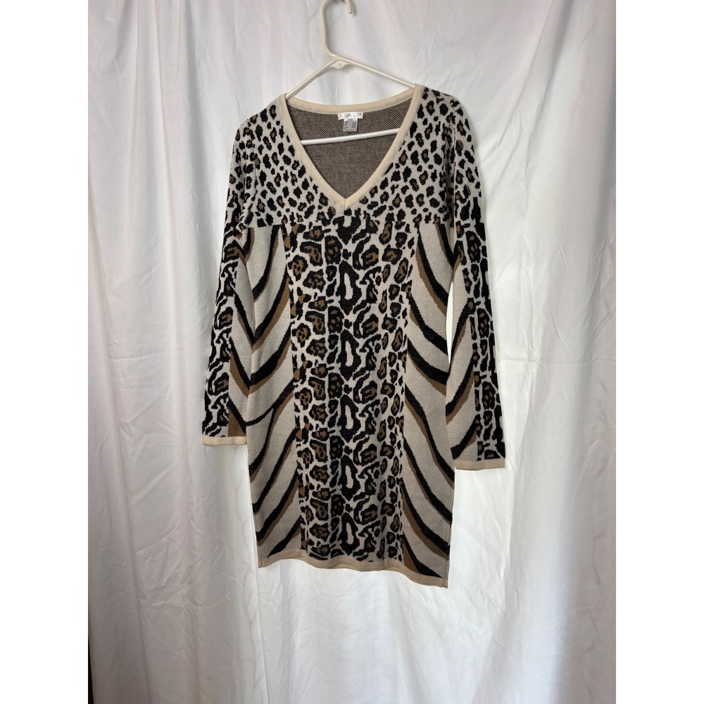 Venus Womens Mixed Animal Print V-Neck Sweater Dress Tan Black Large